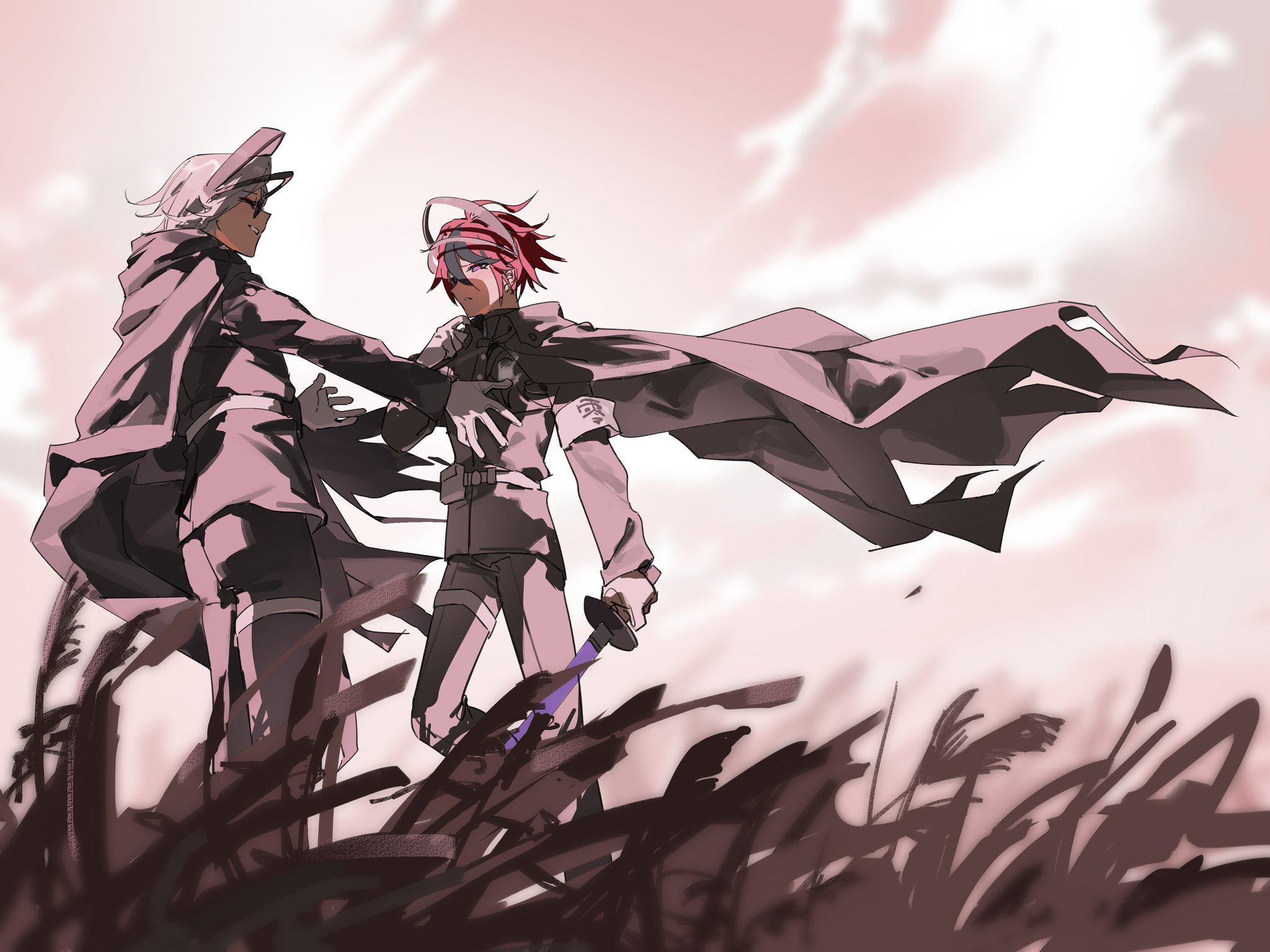 aotsuki eito, sumino takumi, the hundred line -last defense academy-, chinese commentary, commentary request, highres, 2boys, ahoge, anfuu daisuki, armband, black cape, black jacket, black pants, black streaks, blue eyes, cape, gakuran, gloves, grass, grey hair, headgear, holding, holding sword, holding weapon, jacket, last defense academy school uniform, looking at another, male focus, multicolored hair, multiple boys, outdoors, pants, red hair, school uniform, short hair, streaked hair, sunglasses, sword, weapon, white gloves, wind