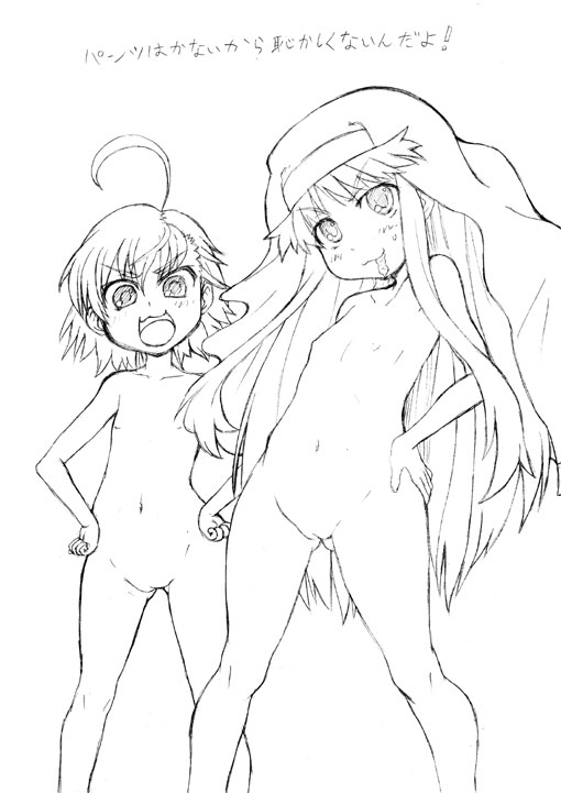 gokkun tororojiru, index (toaru majutsu no index), last order (toaru majutsu no index), toaru majutsu no index, 00s, 2girls, ahoge, blush, greyscale, loli, monochrome, multiple girls, nude, they're not panties