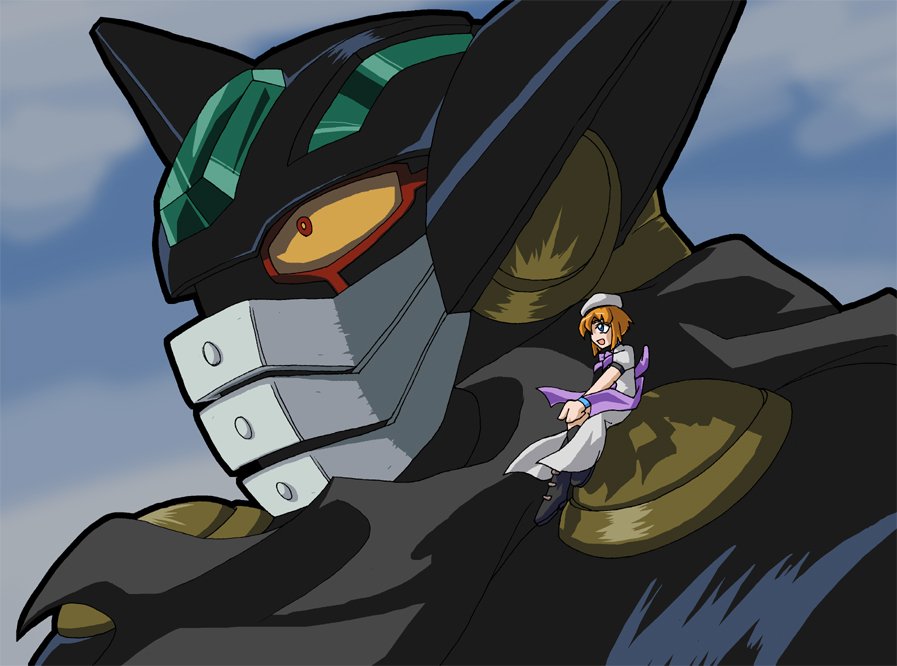 satsubashi genha, black getter, ryuuguu rena, getter robo, higurashi no naku koro ni, shin getter robo, black footwear, bad id, bad pixiv id, 00s, 1girl, :d, bad anatomy, bad hands, blue eyes, blue sky, boots, bow, bowtie, bracelet, brown hair, cloud, crossover, day, dress, full body, hat, jewelry, knee boots, mecha, open mouth, pointing, purple bow, purple bowtie, robot, short hair, sitting, size difference, sky, smile, super robot, white dress, white hat