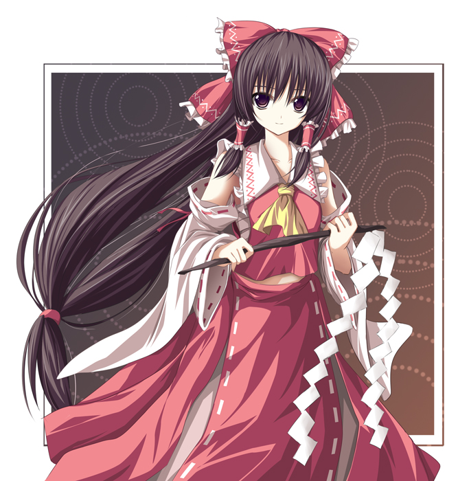 yukifuri, hakurei reimu, touhou, 1girl, black eyes, black hair, bow, brown eyes, brown hair, detached sleeves, female focus, gohei, hair tubes, japanese clothes, long hair, looking at viewer, low-tied long hair, miko, robe, simple background, smile, solo, stick, very long hair