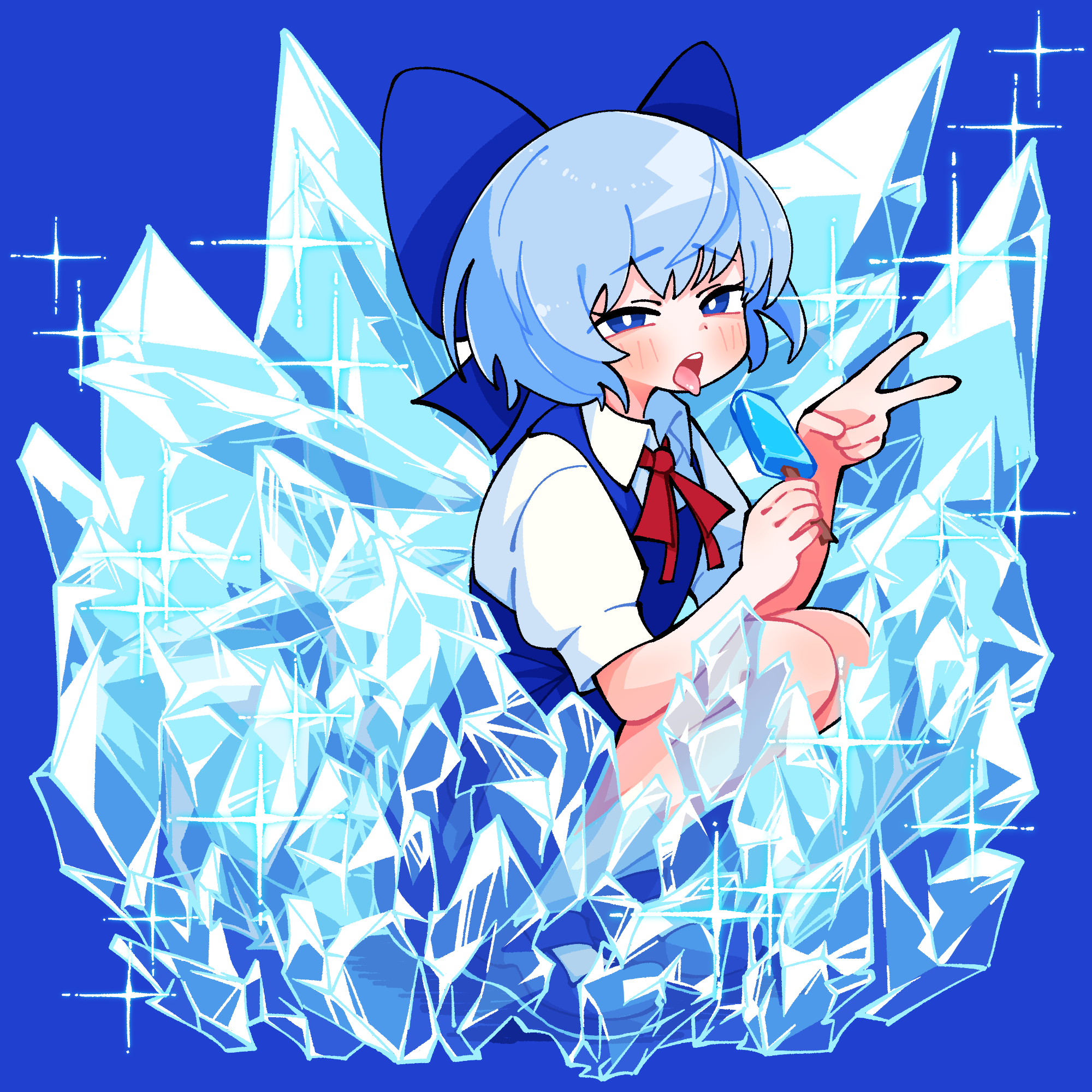 gram 9, cirno, touhou, commentary, highres, 1girl, blue background, blue bow, blue dress, blue eyes, blue hair, blush, bow, candy, collared shirt, cryokinesis, detached wings, dress, food, hair bow, holding, holding candy, holding food, holding lollipop, ice, ice wings, lollipop, looking at viewer, open mouth, pinafore dress, puffy short sleeves, puffy sleeves, shirt, short sleeves, sleeveless, sleeveless dress, solo, sparkle, squatting, tongue, tongue out, v, white shirt, wings