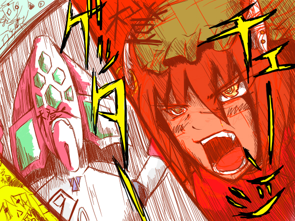 chen, cirno, rumia, getter robo, shoot the bullet, touhou, 3girls, blonde hair, comic, crossover, female focus, hat, mecha, multiple girls, partially colored, pun, red eyes, robot