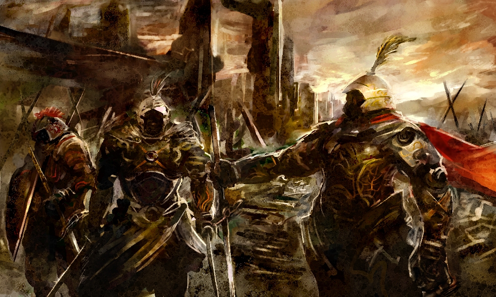 dannoura yuuki, pixiv fantasia, pixiv fantasia 5, 3boys, armor, cape, helmet, male focus, multiple boys, shield, sword, weapon