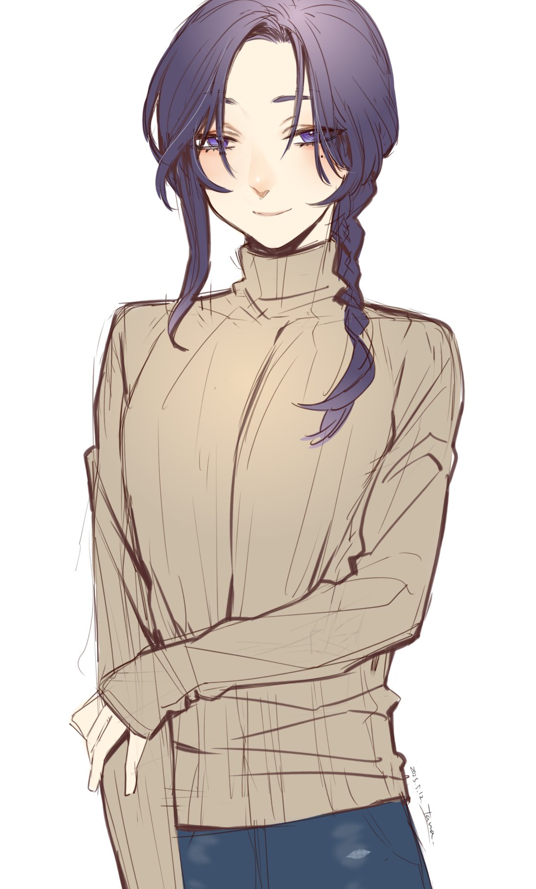 tawapo, original, highres, 1boy, blue eyes, blue hair, braid, denim, jeans, light smile, looking at viewer, mole, mole under eye, pants, single braid, sweater, trap, white background