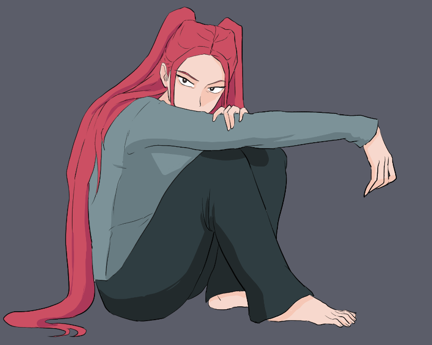 mira (kpop demon hunters), kpop demon hunters, hashtag-only commentary, 1girl, covered mouth, grey background, jj36570, long hair, long sleeves, pants, pink hair, sidelocks, simple background, sitting, solo, twintails, very long hair