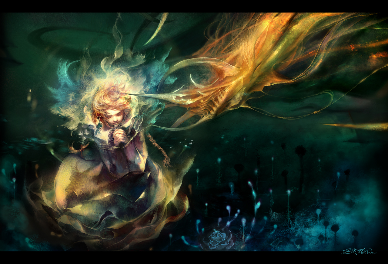 blaze wu, lights, blonde hair, fire, horns, kneeling, praying, robe, solo