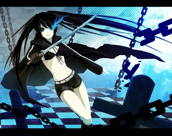 shiramori yuse, black rock shooter (character), black rock shooter, bad id, bad pixiv id, 10s, 1girl, bare legs, bikini, bikini top only, black bikini, black hair, blue eyes, chain, checkered floor, female focus, flat chest, front-tie bikini top, front-tie top, glowing, katana, long hair, pale skin, solo, swimsuit, sword, twintails, uneven twintails, weapon