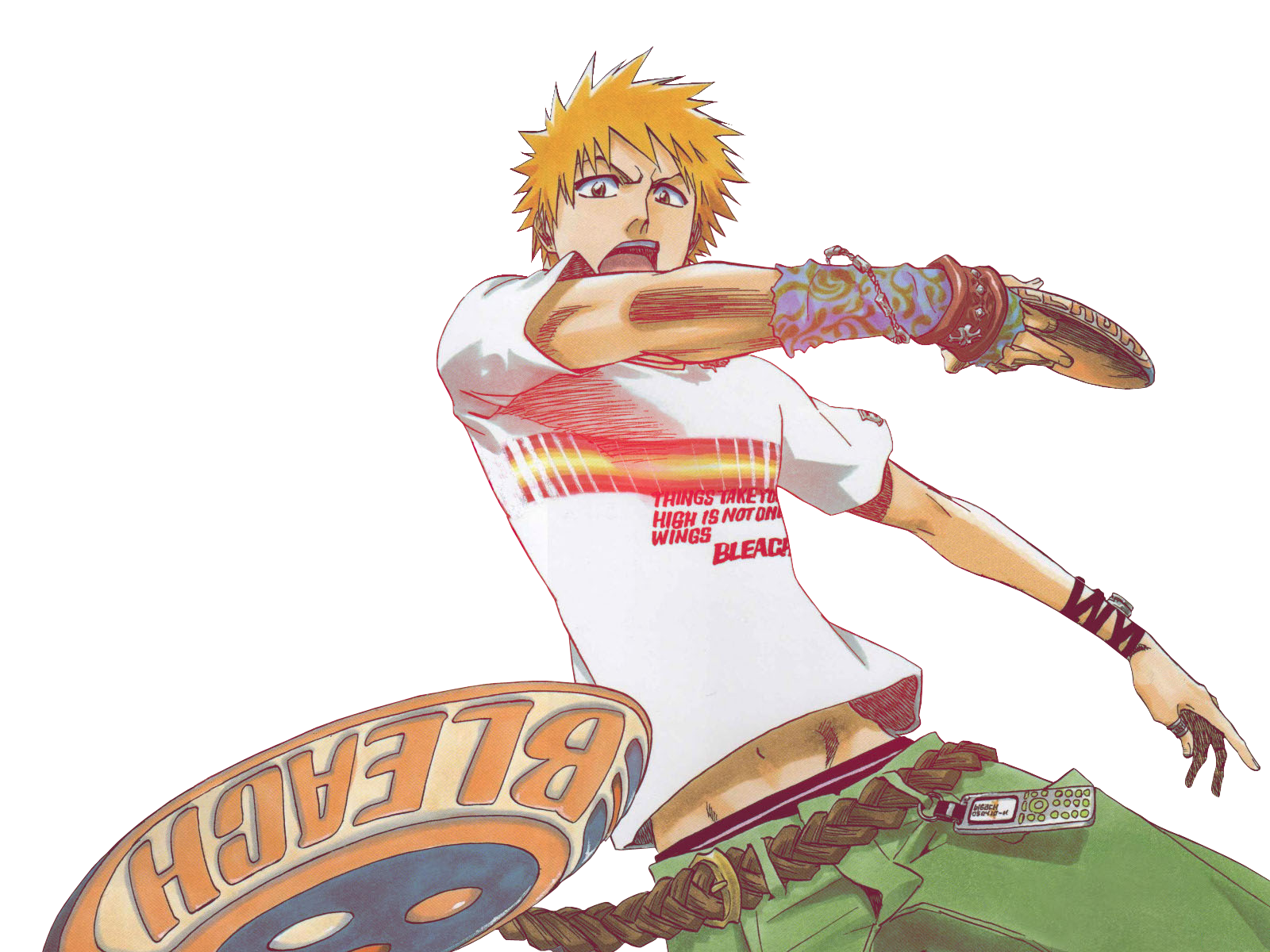 kubo tite, kurosaki ichigo, bleach, cleaned, highres, lossy-lossless, official art, 00s, casual, cellphone, copyright name, frisbee, male focus, open mouth, orange hair, phone, solo, transparent, transparent background