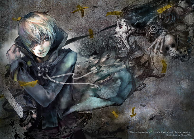 blaze wu, 1boy, dagger, gradient background, grey eyes, grey hair, knife, male focus, skull, solo, sword, weapon