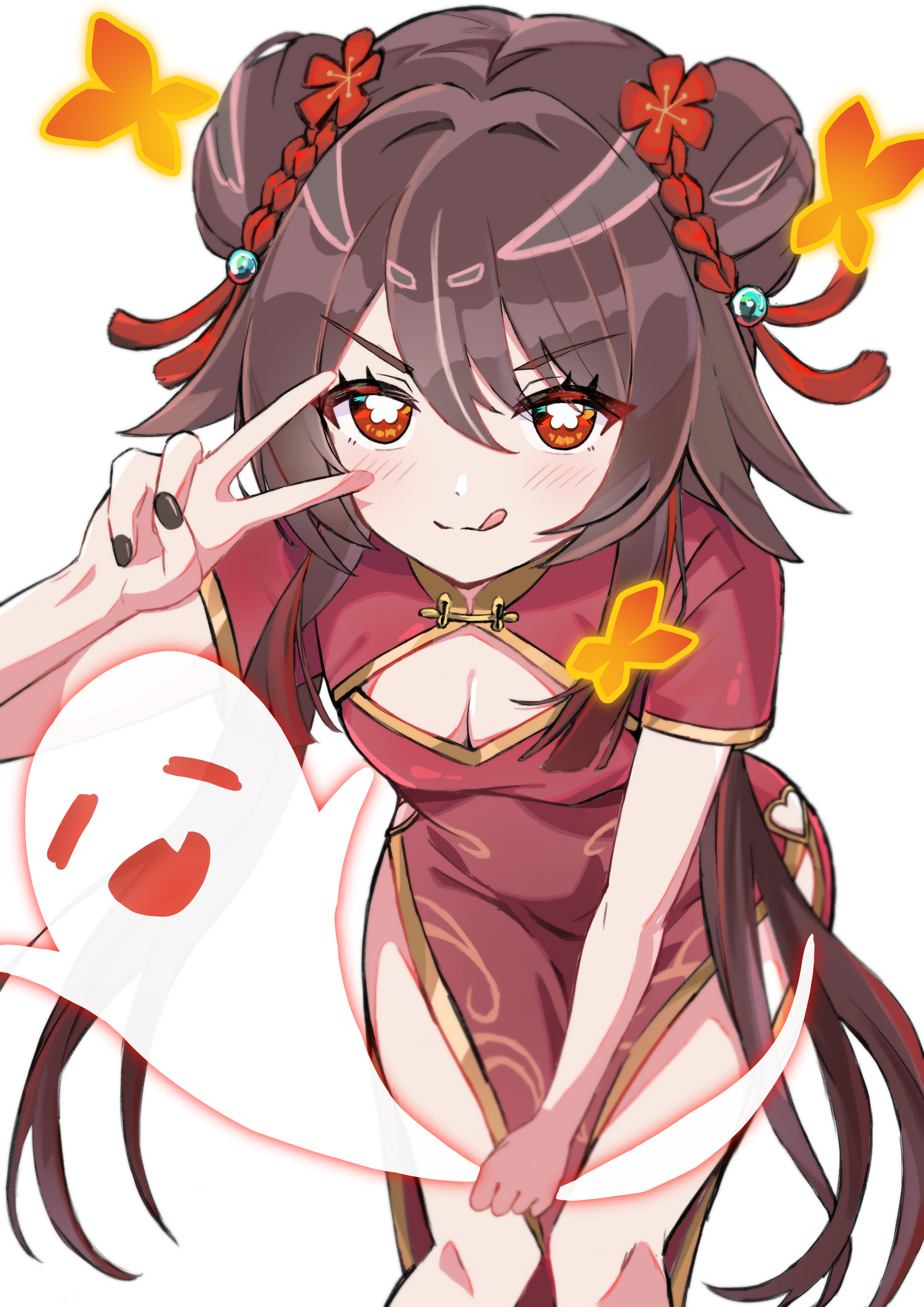 tokonatsu (epfm5277), boo tao (genshin impact), hu tao (genshin impact), genshin impact, absurdres, commentary request, highres, 1girl, :q, alternate costume, alternate hairstyle, black nails, blush, breasts, brown hair, china dress, chinese clothes, cleavage, cleavage cutout, closed mouth, clothing cutout, cowboy shot, double bun, dress, flower-shaped pupils, ghost, gold trim, hair between eyes, hair bun, holding ghost, long hair, looking at viewer, nail polish, red dress, red eyes, side slit, small breasts, symbol-shaped pupils, tongue, tongue out, v, v-shaped eyebrows, very long hair, white background