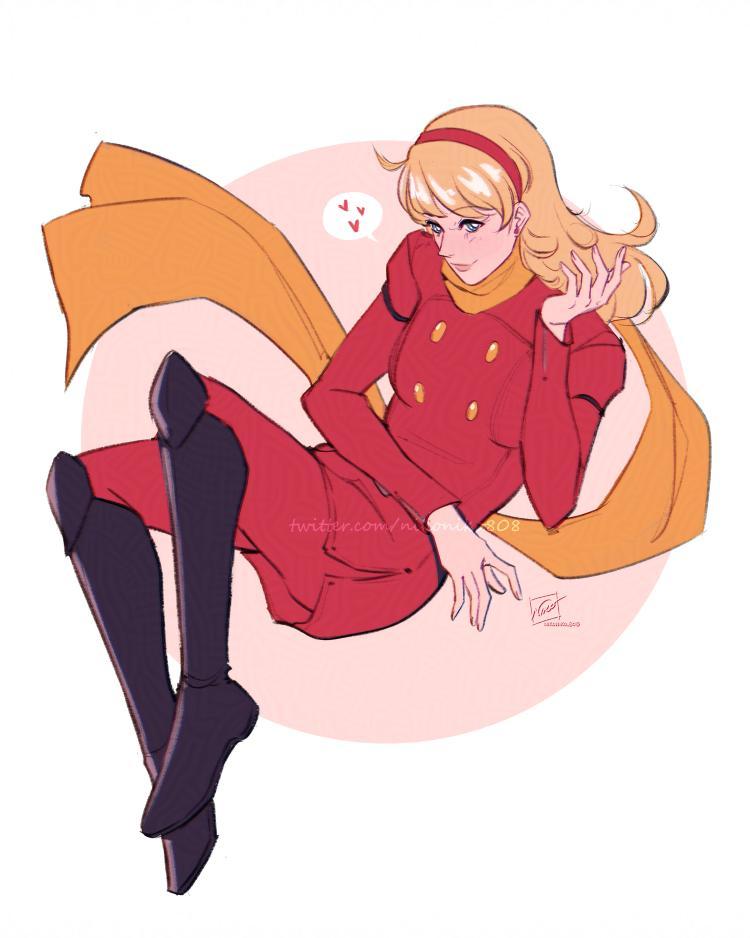 nikoniko808, francoise arnoul, cyborg 009, 1girl, belt, black belt, black boots, blonde hair, blue eyes, boots, coat, cyborg, full body, hairband, heart, light blush, long hair, pants, pink lips, red coat, red hairband, red pants, scarf, soldier, spoken heart, straight hair, yellow scarf