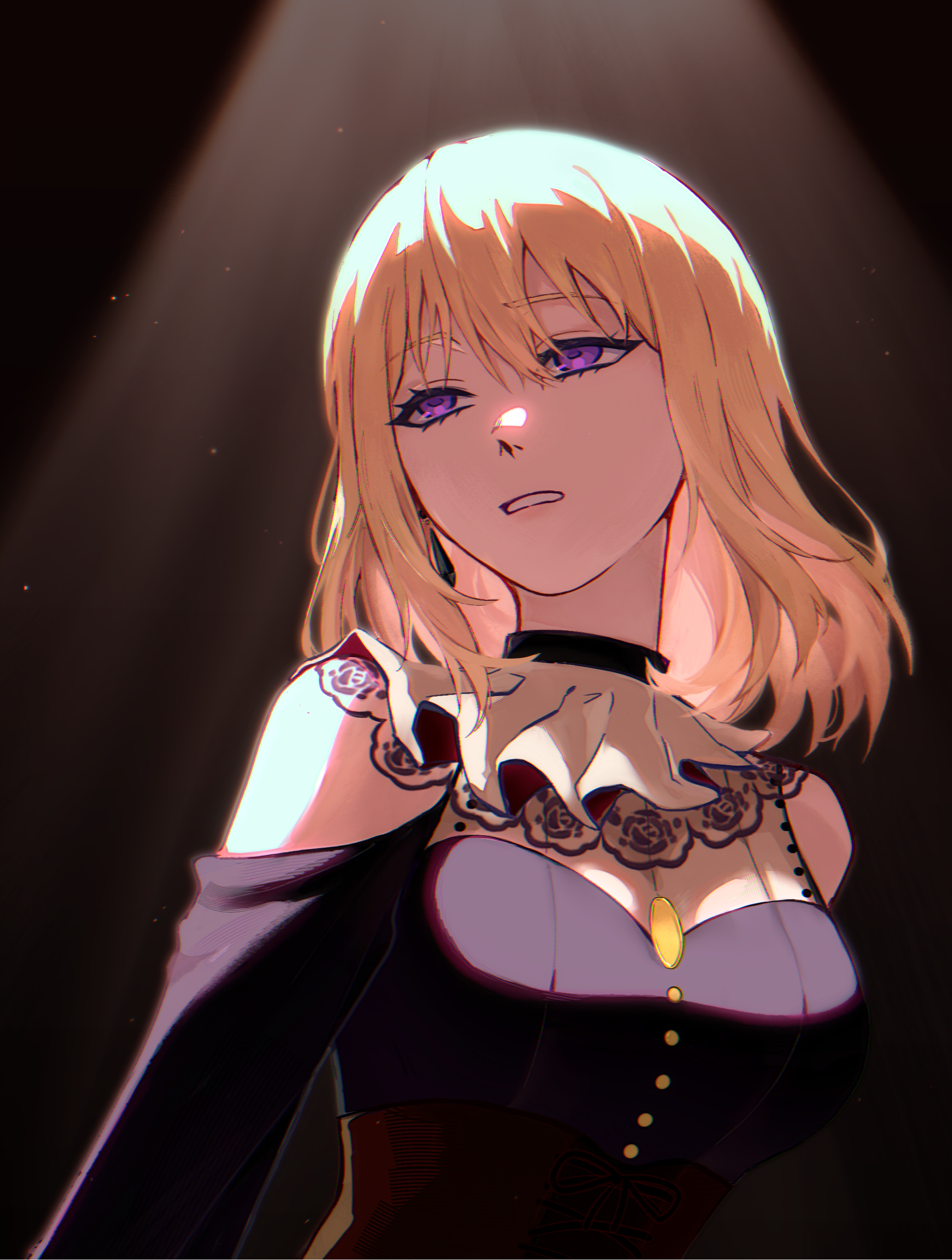 doloris (bang dream!), misumi uika, bang dream!, bang dream! it's mygo!!!!!, absurdres, chinese commentary, commentary request, highres, 1girl, black background, black shirt, black sleeves, blonde hair, breasts, brown corset, buttons, corset, detached sleeves, eyelashes, hair between eyes, kaopu02112, large breasts, long hair, medium hair, purple eyes, shirt, sleeveless, sleeveless shirt, solo, spotlight, tareme, upper body