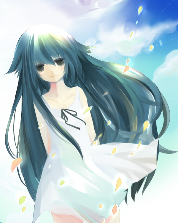 kinoko (hkn), saya (saya no uta), saya no uta, 1girl, bare shoulders, black ribbon, dress, dutch angle, female focus, green eyes, green hair, long hair, looking at viewer, matching hair/eyes, ribbon, solo, sundress, very long hair, white dress