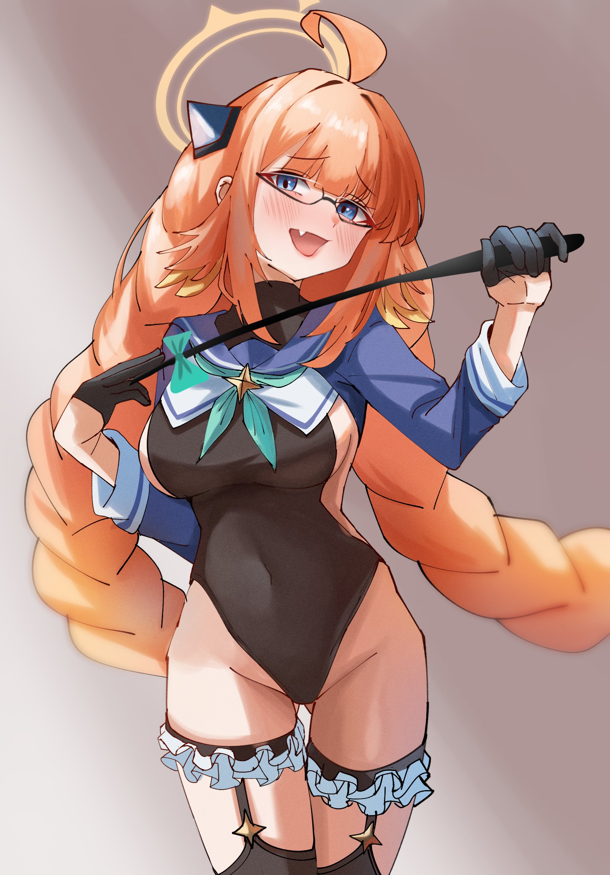 taeman, shimiko (blue archive), shimiko (magical) (blue archive), blue archive, absurdres, commentary request, highres, 1girl, ahoge, black gloves, black leotard, blue eyes, blush, breasts, fang, glasses, gloves, halo, holding, holding riding crop, leotard, long hair, open mouth, orange hair, riding crop, semi-rimless eyewear, simple background, under-rim eyewear, very long hair, yellow halo