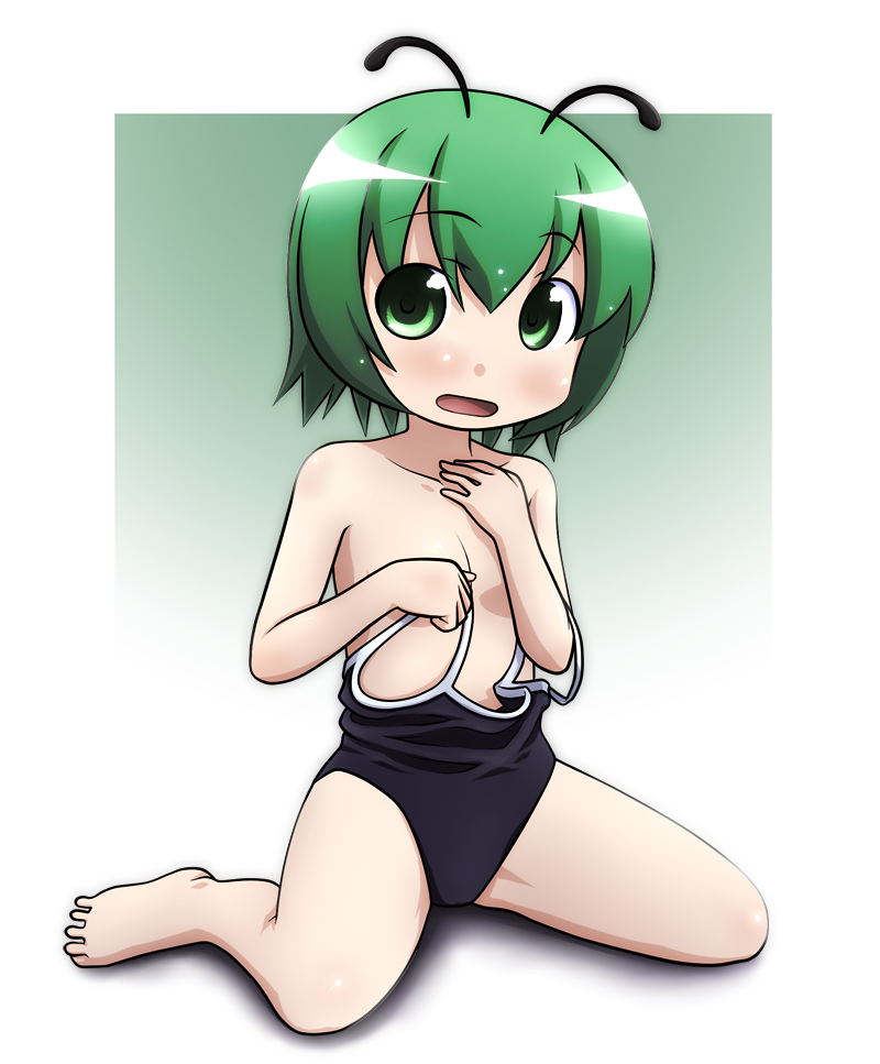 kusaba, kusaba (kusabashiki), wriggle nightbug, touhou, 1girl, antennae, barefoot, feet, female focus, flat chest, green eyes, green hair, loli, matching hair/eyes, one-piece swimsuit, sitting, solo, swimsuit, undressing, wariza