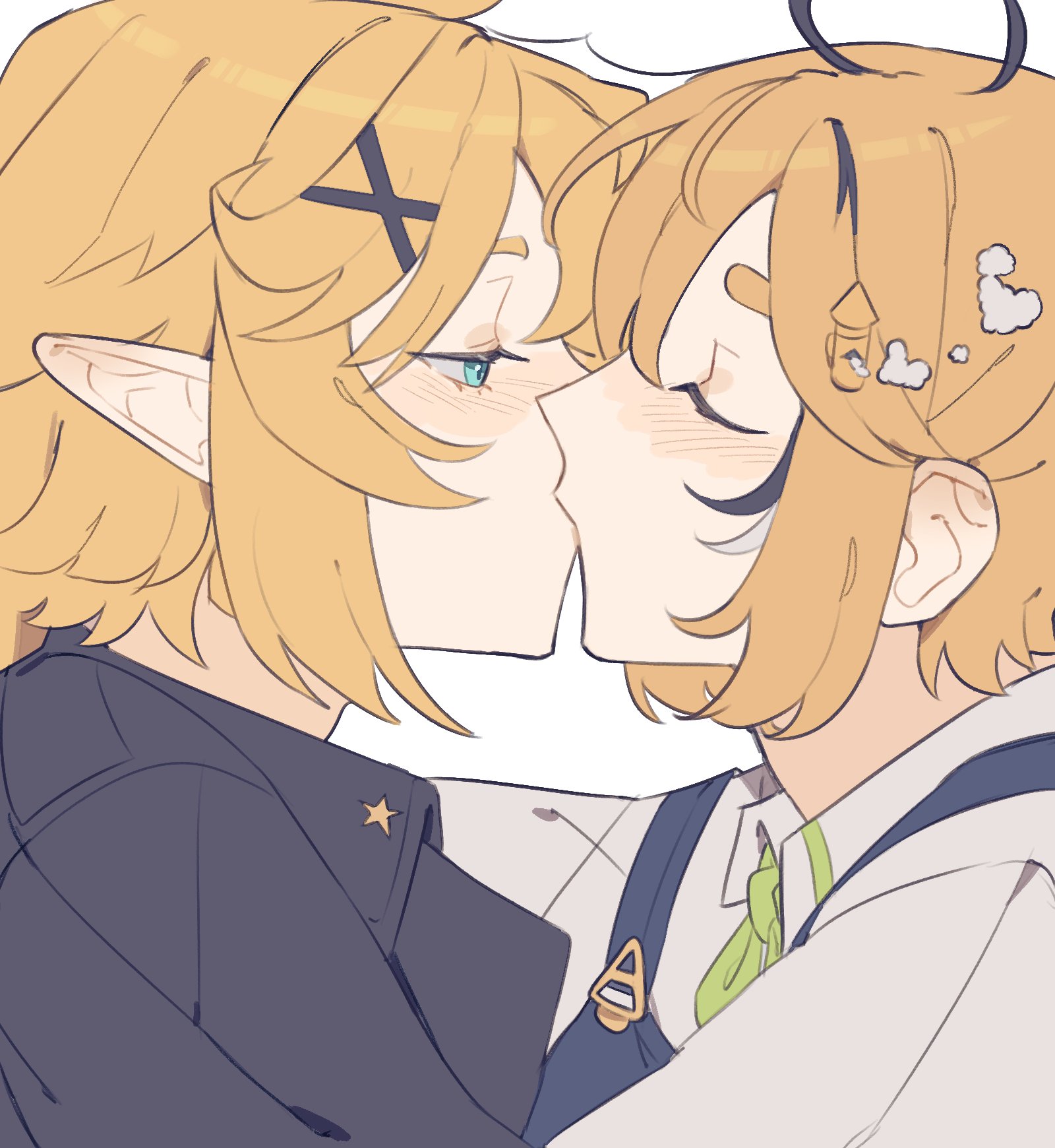 addendium, dokibird, dokibird (bounty hunter), dooby, indie virtual youtuber, highres, 2girls, ahoge, black hair, black jacket, blonde hair, blue eyes, blue overalls, closed eyes, from side, green neckerchief, hair between eyes, hair ornament, half-closed eyes, jacket, kiss, light blush, looking at another, multicolored hair, multiple girls, neckerchief, overalls, pointy ears, portrait, profile, shirt, short hair, simple background, streaked hair, virtual youtuber, white background, white hair, white shirt, x hair ornament, yuri