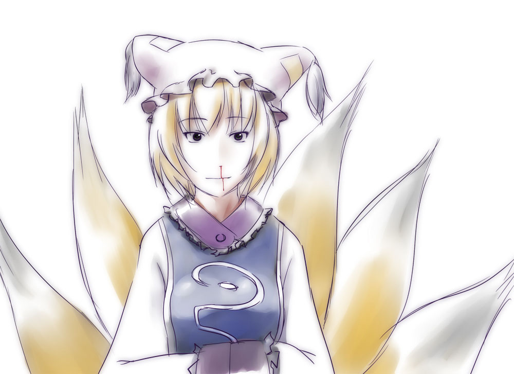 kusaba, kusaba (kusabashiki), yakumo ran, touhou, 1girl, blood, female focus, hands in opposite sleeves, hat, multiple tails, nosebleed, solo, tail