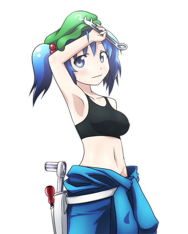 kusaba, kusaba (kusabashiki), kawashiro nitori, touhou, 1girl, alternate costume, armpits, bare shoulders, blue eyes, blue hair, breasts, clothes around waist, female focus, hair bobbles, hair ornament, hat, matching hair/eyes, medium breasts, midriff, navel, shirt, solo, sports bra, tank top, taut clothes, taut shirt, twintails, two side up, wrench