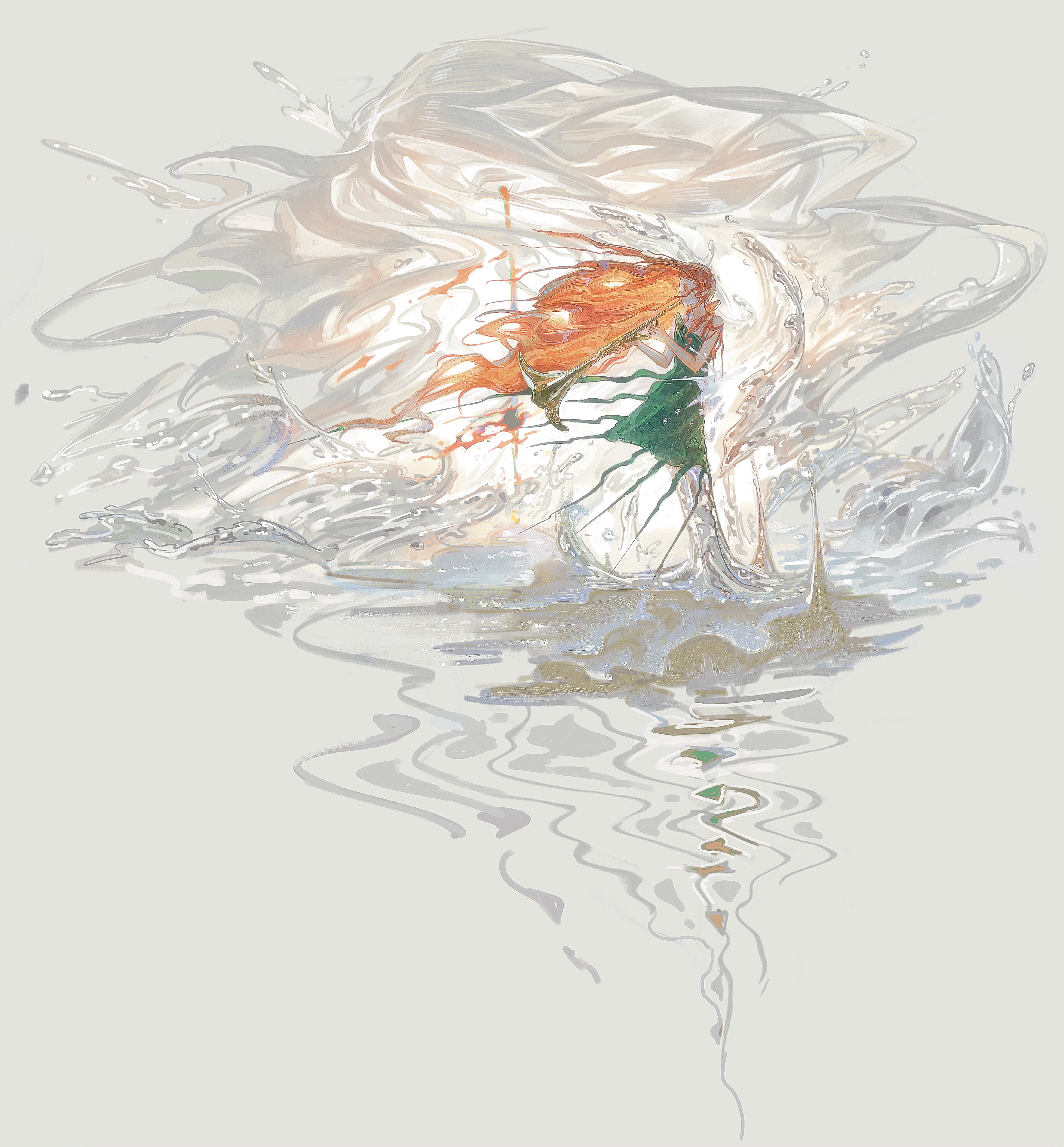 xxyt-xx, original, absurdres, chinese commentary, commentary request, highres, 1girl, closed eyes, dress, floating hair, from side, full body, green dress, grey background, holding, holding instrument, horn (instrument), instrument, long hair, melting, orange hair, sleeveless, sleeveless dress, solo, very long hair, water