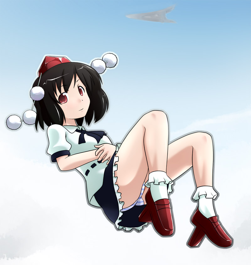 kusaba, kusaba (kusabashiki), shameimaru aya, touhou, 1girl, black hair, female focus, flying, geta, hat, looking at viewer, panties, red eyes, short hair, skirt, solo, striped clothes, striped panties, tengu-geta, tokin hat, underwear