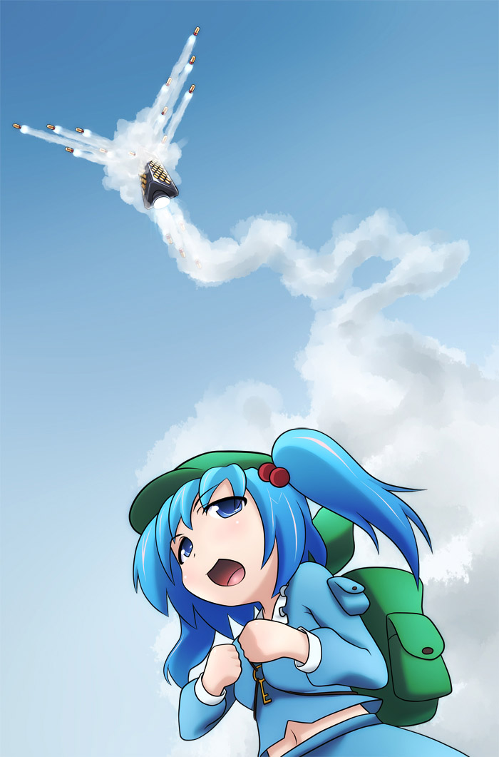 kusaba, kusaba (kusabashiki), kawashiro nitori, touhou, 1girl, backpack, bag, blue eyes, blue hair, female focus, hair bobbles, hair ornament, hat, matching hair/eyes, midriff, missile, navel, randoseru, solo, twintails, two side up