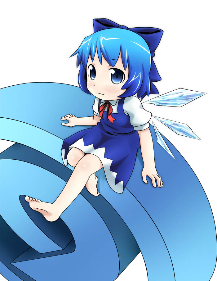 kusaba, kusaba (kusabashiki), cirno, phantasmagoria of flower view, touhou, 1girl, barefoot, blue eyes, blue hair, circled 9, feet, female focus, matching hair/eyes, ribbon, solo, wings