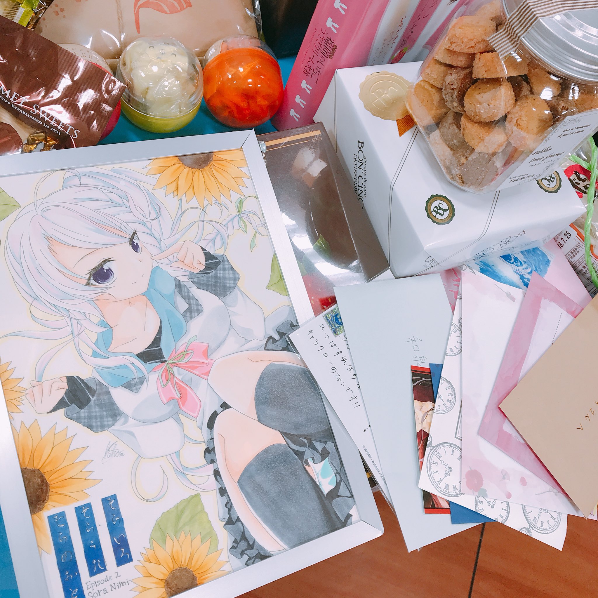 izumi tsubasu, niimi sora, 9-nine-, commentary, highres, photo (medium), second-party source, traditional media, 1girl, ahoge, black socks, bow, bowtie, braid, breasts, character name, clenched hand, closed mouth, collarbone, copyright name, dress, dutch angle, eyelashes, feet out of frame, floating hair, floral background, flower, frilled dress, frills, green ribbon, hair between eyes, hair ribbon, hakusen academy school uniform, hands up, hitsu801, index finger raised, kneehighs, knees up, large breasts, leaf, long hair, long sleeves, looking at viewer, panties, pink bow, pink bowtie, purple eyes, ribbon, school uniform, side ponytail, sidelocks, signature, simple background, single braid, sitting, smile, socks, solo, split mouth, sunflower, underwear, white background, white dress, white hair, white panties