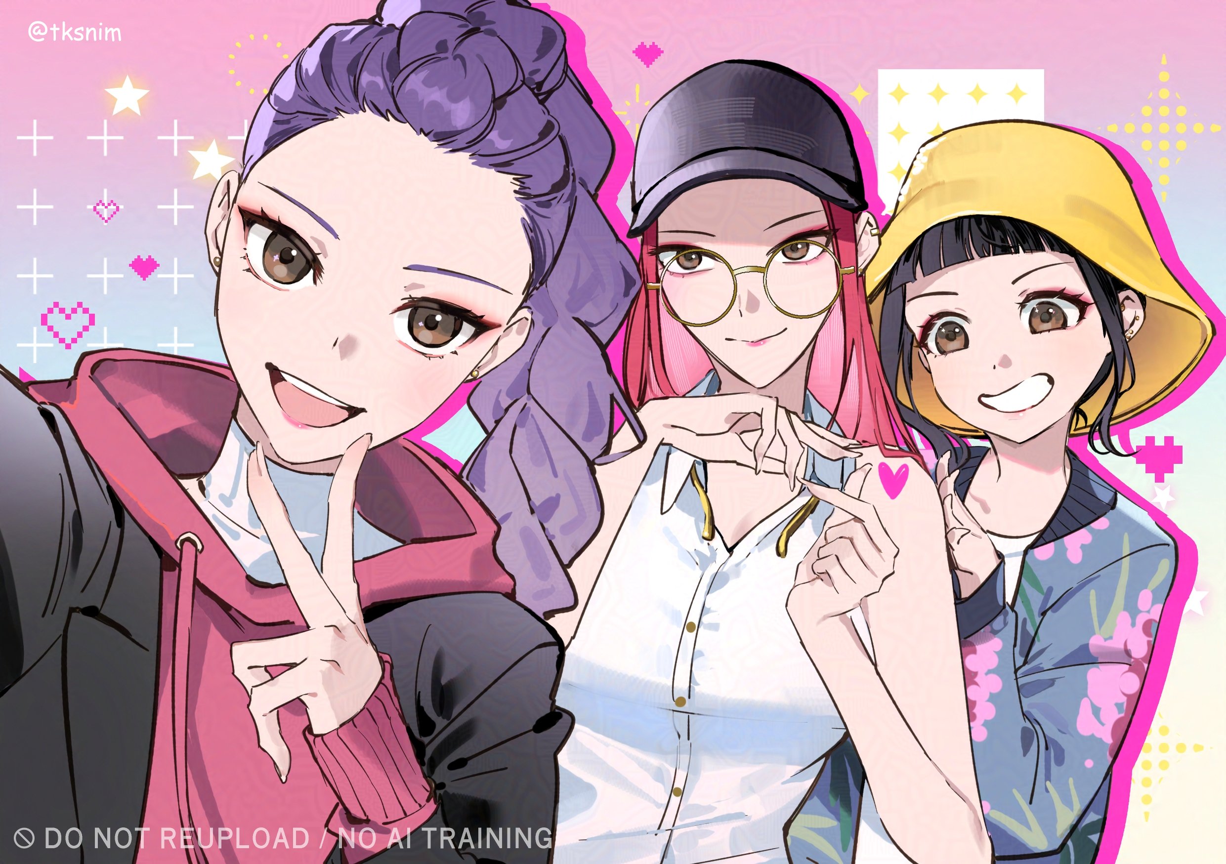 tk (tksnim), mira (kpop demon hunters), rumi (kpop demon hunters), zoey (kpop demon hunters), kpop demon hunters, commentary, hashtag-only commentary, highres, symbol-only commentary, 3girls, black hair, black hat, black jacket, blunt bangs, braid, braided ponytail, brown eyes, colored shadow, eyeshadow, hat, heart, hood, hoodie, jacket, long hair, looking at viewer, makeup, multiple girls, pink hoodie, round eyewear, shadow, shirt, sidelocks, sleeveless, sleeveless shirt, smile, star (symbol), turtleneck, twitter username, upper body, v, white shirt, yellow hat