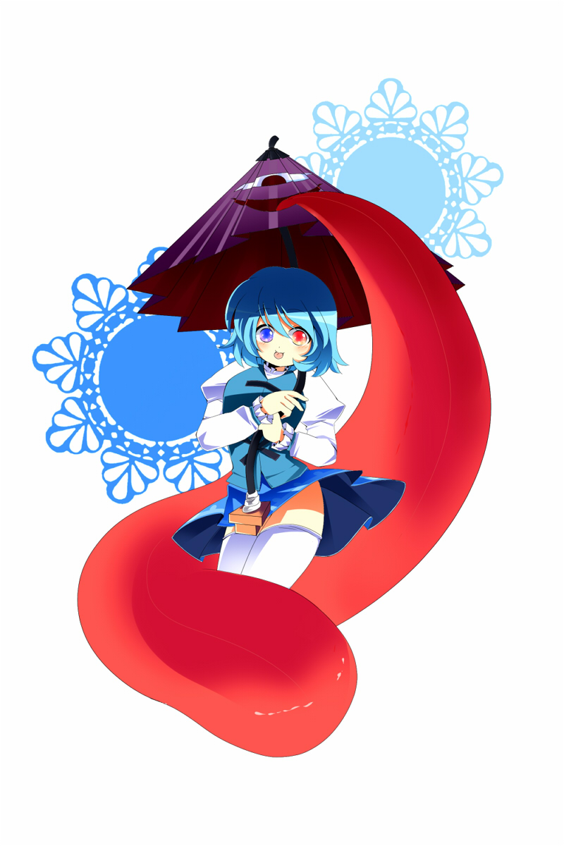 mushi q, tatara kogasa, touhou, bad id, bad pixiv id, highres, 1girl, :p, blue eyes, blue hair, female focus, heterochromia, karakasa obake, matching hair/eyes, oil-paper umbrella, red eyes, short hair, solo, thighhighs, tongue, tongue out, umbrella