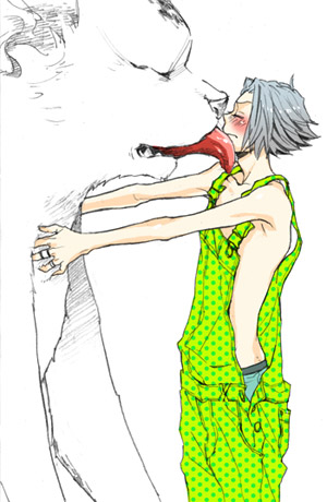 uri (uri22twi), gokudera hayato, katekyo hitman reborn!, silver hair, lowres, 00s, :3, blush, cat, licking