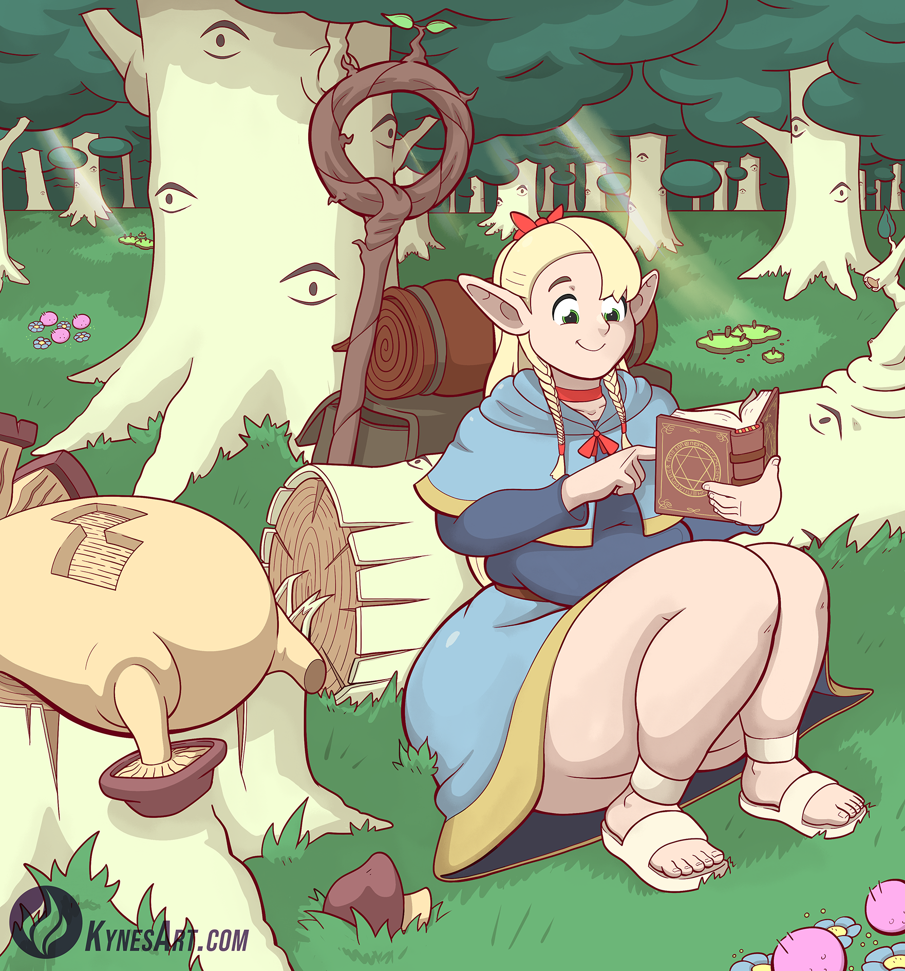 kynesart, marcille donato, dungeon meshi, 1girl, ass, blonde hair, book, choker, dress, forest, green eyes, nature, pointy ears, reading, sandals, staff, staff (weapon)