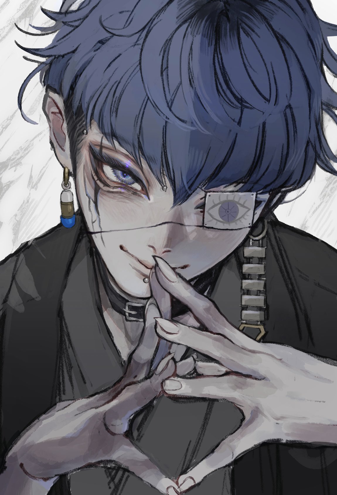 omokage yugamu, the hundred line -last defense academy-, highres, 1boy, amm mi dr, black collar, black hair, black haori, blue eyes, blue hair, collar, earrings, eye print, eyepatch, face piercing, facial mark, fingernails, grey kimono, haori, japanese clothes, jewelry, kimono, labret piercing, looking at viewer, male focus, multicolored hair, own hands together, piercing, portrait, print eyepatch, sharp fingernails, short hair, solo, steepled fingers, white background