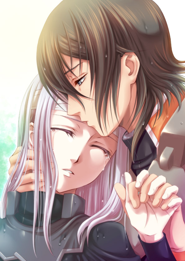 sasano shiki, shiki (artist), allelujah haptism, marie parfacy, soma peries, gundam, gundam 00, bad id, bad pixiv id, 00s, 1boy, 1girl, closed eyes, grey eyes, hetero, holding hands, kiss, tears, white hair