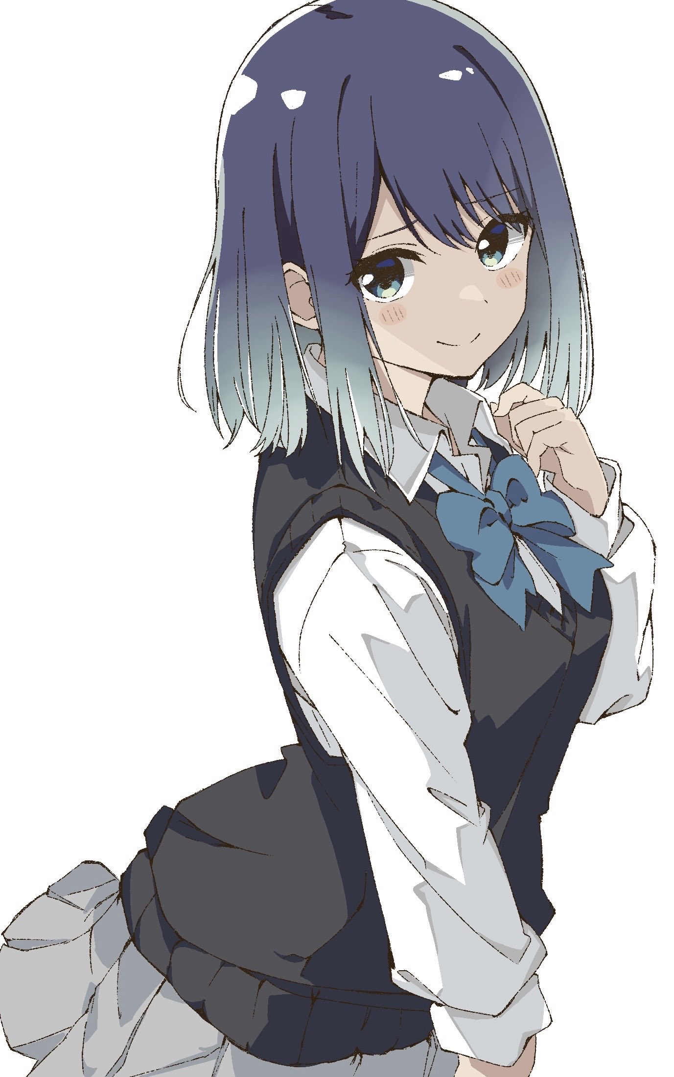 maho ron1, kurokawa akane, oshi no ko, commentary request, highres, 1girl, blue eyes, blue hair, blush, hand up, ribbon, simple background, skirt, smile, solo, standing, white background