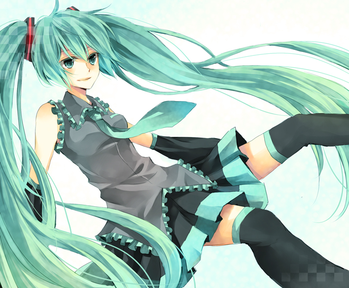 karu, yuzuki karu, hatsune miku, vocaloid, bad id, bad pixiv id, aqua eyes, aqua hair, detached sleeves, long hair, necktie, skirt, solo, thighhighs, twintails, zettai ryouiki