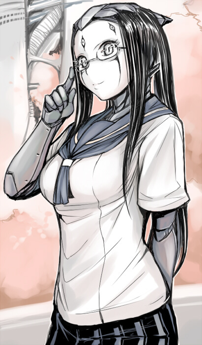 tsuda nanafushi, pcell, blame!, blame gakuen!, 1girl, adjusting eyewear, black hair, blush, breasts, cyborg, facial mark, female focus, glasses, grey eyes, large breasts, long hair, school, school uniform, serafuku, smile, solo