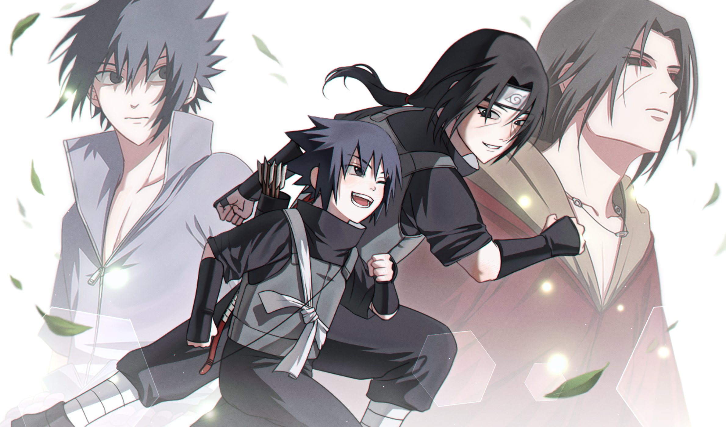 uchiha itachi, uchiha sasuke, naruto (series), naruto shippuuden, highres, 2boys, age progression, bandaged leg, bandages, black hair, black headband, black pants, black sclera, black shirt, brothers, colored sclera, facial mark, falling leaves, feet out of frame, grey shirt, grey vest, hair between eyes, headband, leaf, long hair, looking at viewer, low ponytail, male focus, multiple boys, one eye closed, open mouth, pants, parted bangs, parted lips, ponytail, popped collar, ppagtu, quiver, red eyes, running, shirt, short hair, siblings, smile, spiked hair, upper body, vest, white background