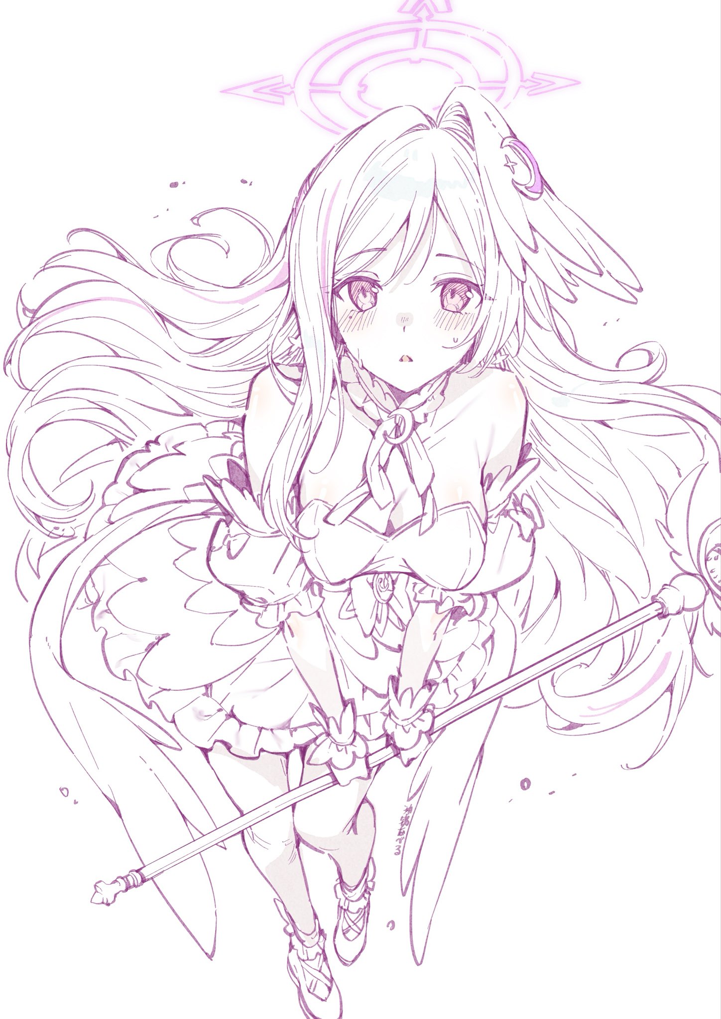 youguo naberu, suzumi (blue archive), suzumi (magical) (blue archive), blue archive, commentary request, highres, 1girl, :<, alternate breast size (larger), ballet slippers, blush, breasts, cleavage, crescent, crescent hair ornament, detached sleeves, dress, fake wings, floating hair, frilled dress, frills, from above, hair ornament, halo, head wings, holding, holding wand, looking at viewer, magical girl, medium breasts, monochrome, official alternate costume, pink halo, red eyes, single hair intake, single head wing, solo, thighhighs, triangle mouth, wand, white background, white hair, wings, wrist cuffs