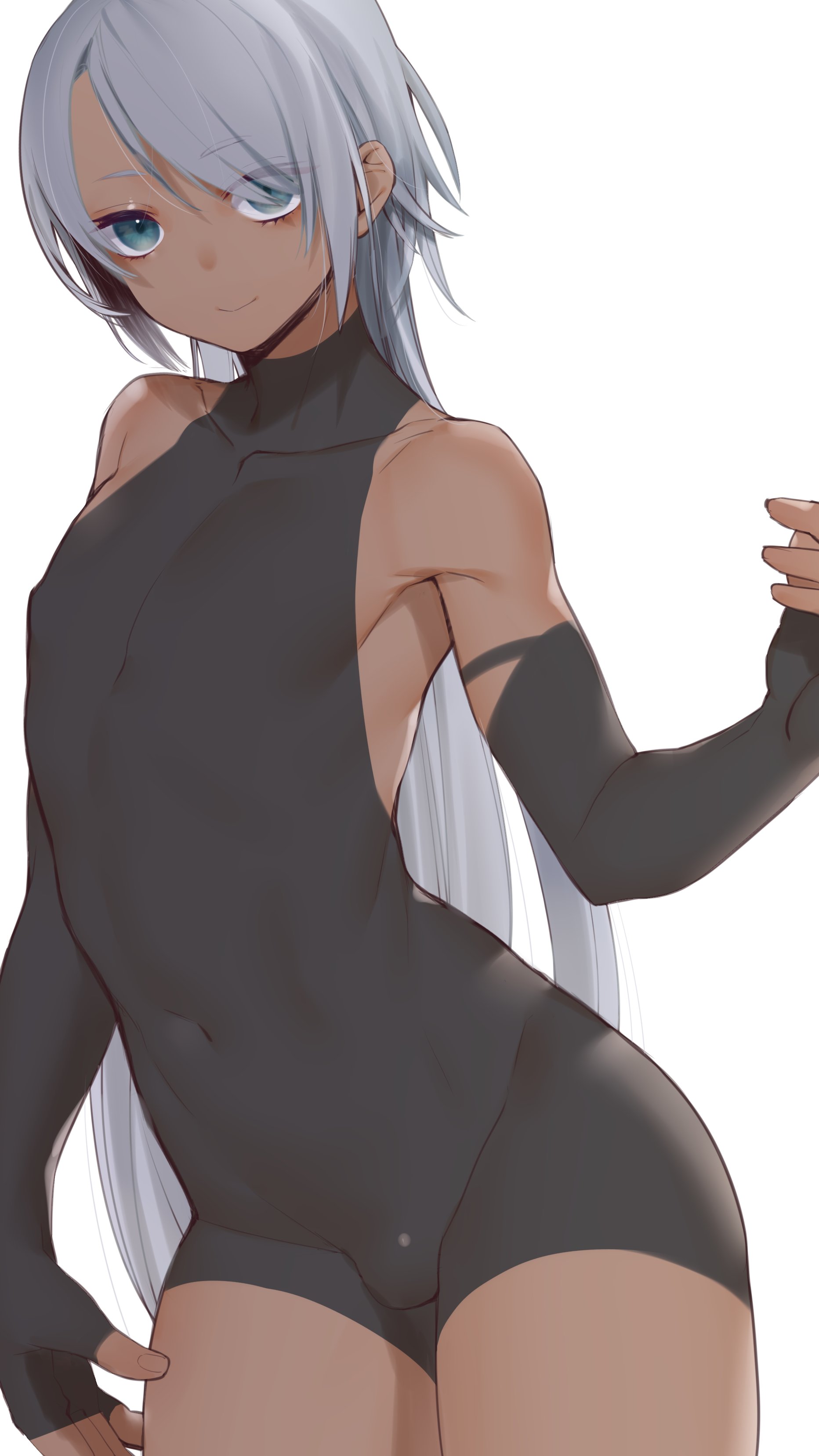 tawapo, original, absurdres, highres, 1boy, bare shoulders, blue eyes, bodysuit, bulge, covered erect nipples, covered navel, dark skin, elbow gloves, gloves, grey hair, long hair, looking at viewer, thighs, trap, very long hair, white background