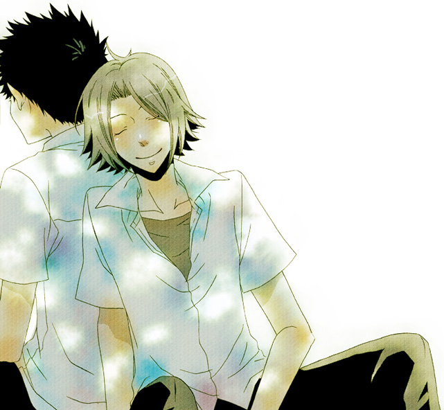 gokudera hayato, yamamoto takeshi, katekyo hitman reborn!, silver hair, 00s, 2boys, 8059, black hair, couple, male focus, multiple boys, school uniform, short hair, smile, white background, yaoi