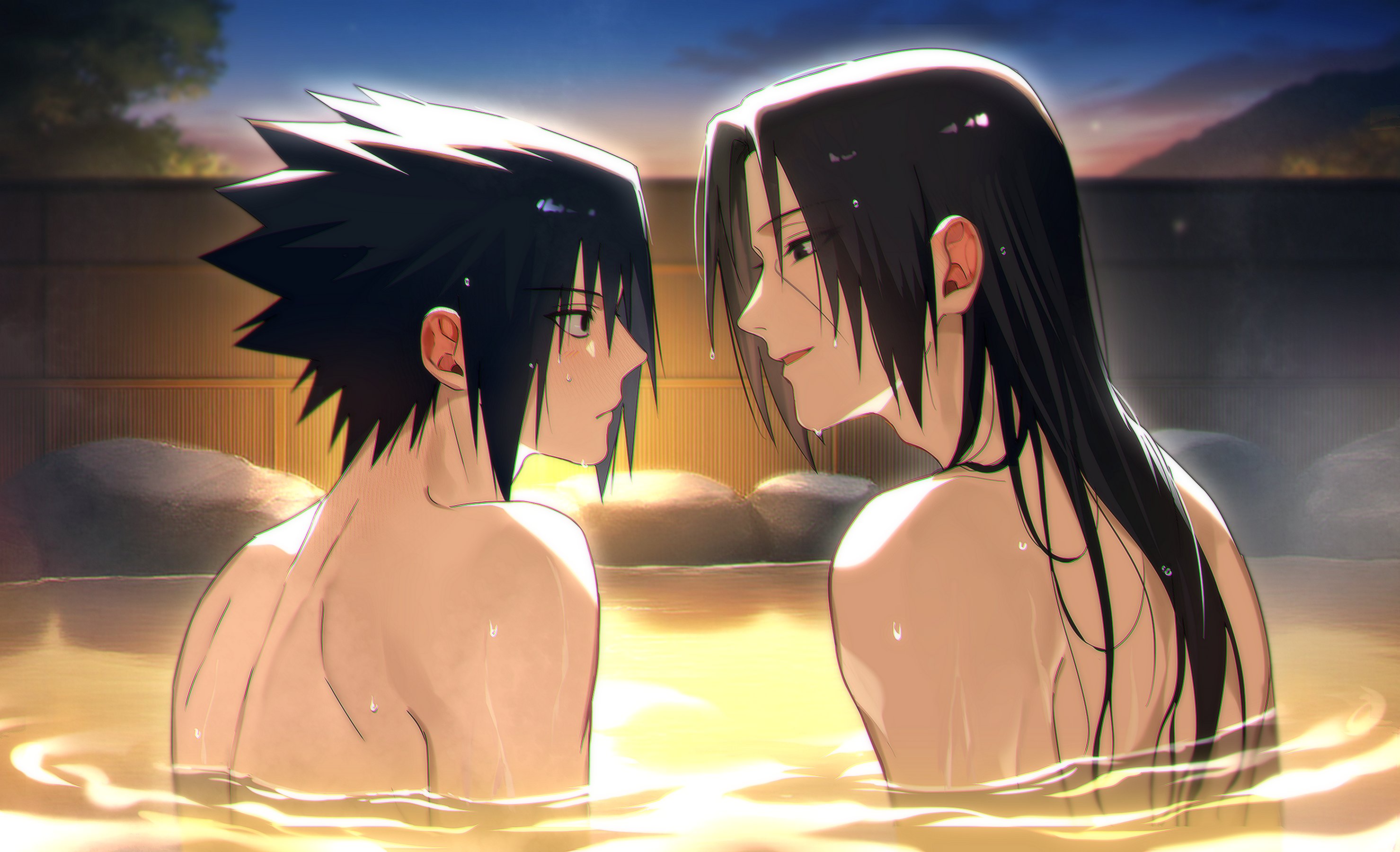 uchiha itachi, uchiha sasuke, naruto (series), highres, 2boys, black hair, brick wall, brothers, facial mark, hair between eyes, light frown, long hair, looking at another, male focus, multiple boys, onsen, outdoors, parted bangs, parted lips, partially submerged, ppagtu, short hair, siblings, spiked hair, topless male, upper body, wet, wet hair, yaoi