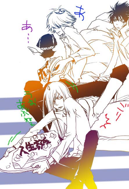belphegor (reborn), mammon (umineko), superbi squalo, viper (reborn), xanxus, katekyo hitman reborn!, translation request, 00s, black hair, blonde hair, boots, cake, crown, food, long hair, scar, short hair, varia, white hair