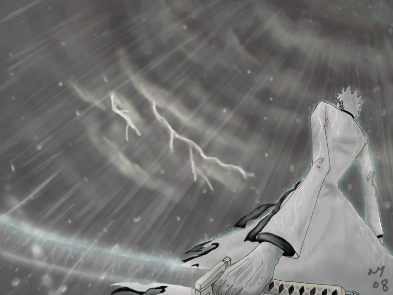 hollow ichigo, bleach, cloud, lightning, melek90, pale skin, rain, solo, sword, weapon, white hair