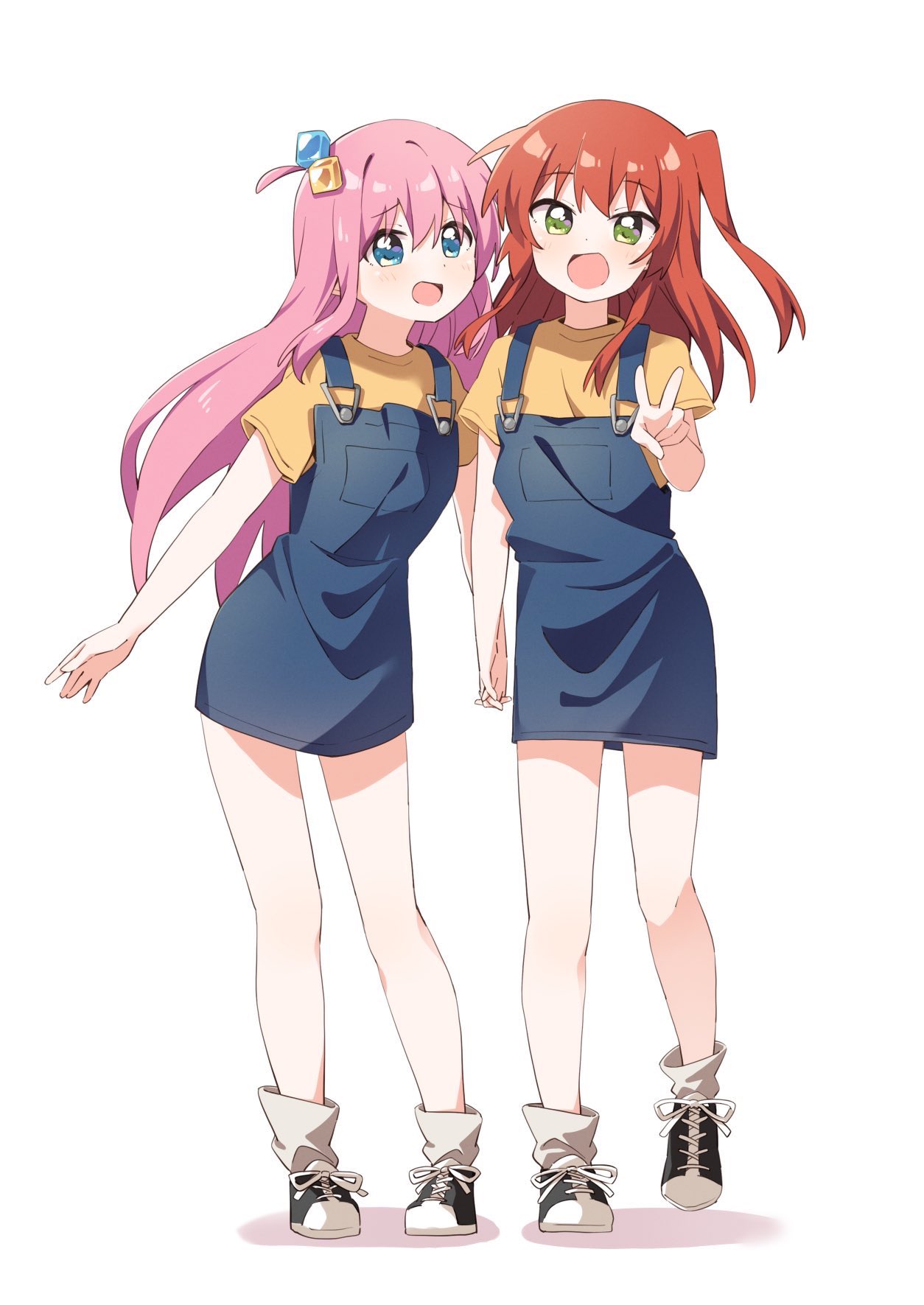 haru (konomi 150), gotoh hitori, kita ikuyo, bocchi the rock!, highres, 2girls, :d, holding hands, multiple girls, open mouth, pink hair, red hair, shoes, simple background, smile, standing, white background
