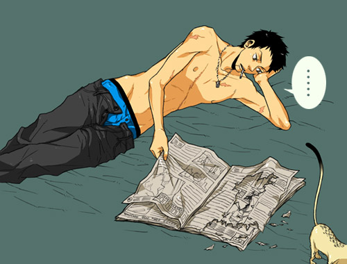 uri (uri22twi), yamamoto takeshi, katekyo hitman reborn!, lowres, 00s, 8059, abs, bed, black hair, cat, cigarette, male focus, newspaper, scar, short hair, topless male