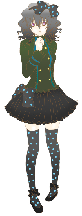 pantera, katekyo hitman reborn!, polka dot legwear, 1girl, black hair, cosplay, dress, female focus, full body, lolita fashion, polka dot, purple eyes, ribbon, simple background, solo, standing, thighhighs