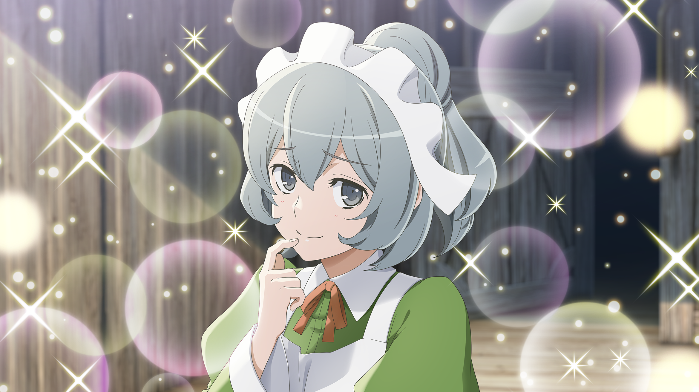 syr flover, danmachi battle chronicle, dungeon ni deai wo motomeru no wa machigatteiru darou ka, game cg, highres, non-web source, official art, 1girl, anime coloring, apron, closed mouth, dress, finger to mouth, flipped sidelocks, green dress, grey eyes, grey hair, hand up, looking at viewer, maid headdress, neck ribbon, orange ribbon, ponytail, portrait, puffy sleeves, ribbon, short hair, smile, solo, sparkle, sparkling aura, white apron, white headdress