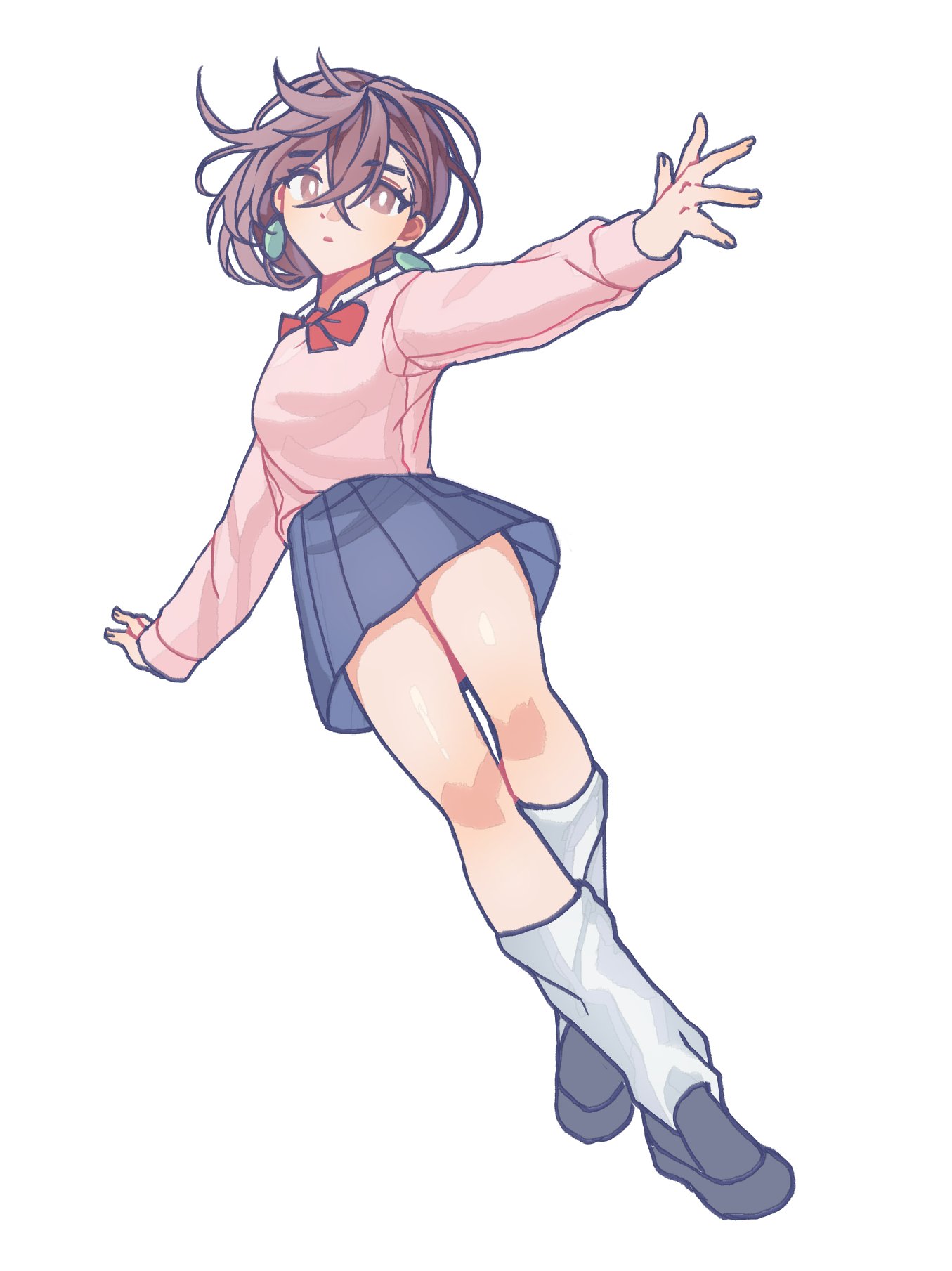 ayase momo, dandadan, highres, 1girl, black shoes, blue sky, bow, bowtie, breasts, brown eyes, brown hair, closed mouth, collared shirt, crossed bangs, earrings, full body, hair between eyes, in the water, jewelry, loafers, loose socks, medium breasts, outstretched arms, pink sweater, pleated skirt, red bow, red bowtie, school uniform, shirt, shirt under sweater, shoes, short hair, skirt, sky, socks, solo, sweater, white background, white shirt, white socks