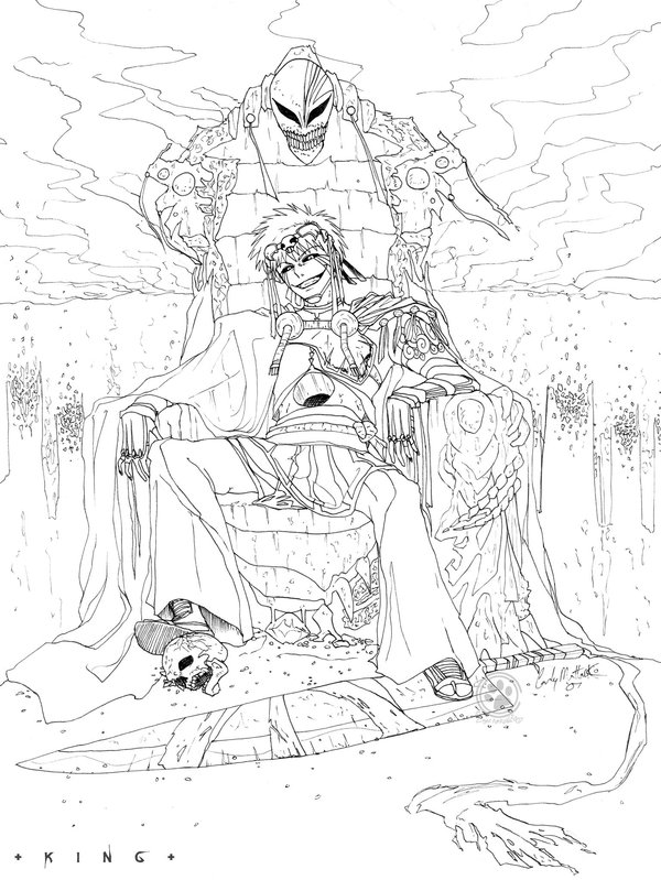 shirosaki hichigo, bleach, 00s, male focus, mask, monochrome, outline, ruins, skull, sword, throne, weapon