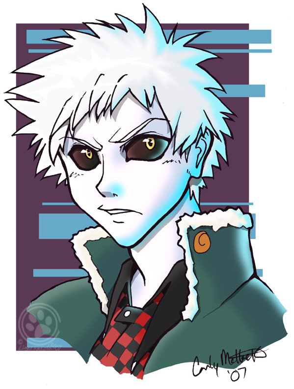 hollow ichigo, bleach, checkered, 1boy, casual, pale skin, solo, white hair, yellow eyes
